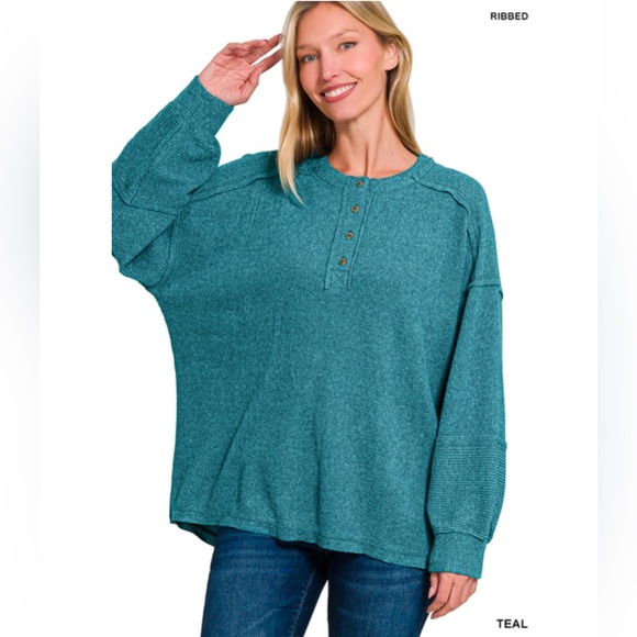Zenana Full Size Brushed Ribbed Hacci Drop Shoulder Sweater Plus Size